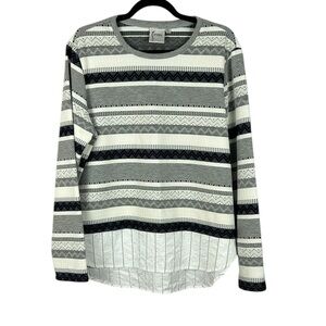 Finley Classic Striped Long Sleeve Crew Neck Twofer Sweater XL Grey White Preppy